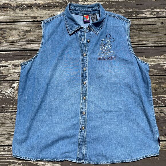 Vtg 90s Disney Mickey Mouse Chambray Denim Shirt Womens 18/20 Plus Sleeveless - Picture 2 of 9